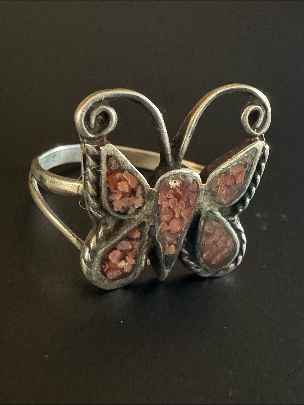 Vintage Sterling Silver Butterfly Ring - Size 7 - Crushed Coral Inlay